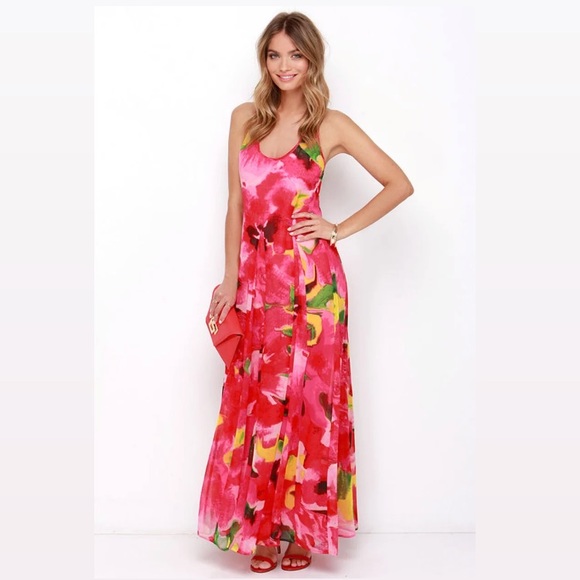 Lulu’s Decklyn fuchsia pink green tropical floral maxi gown formal dress S - Picture 2 of 5